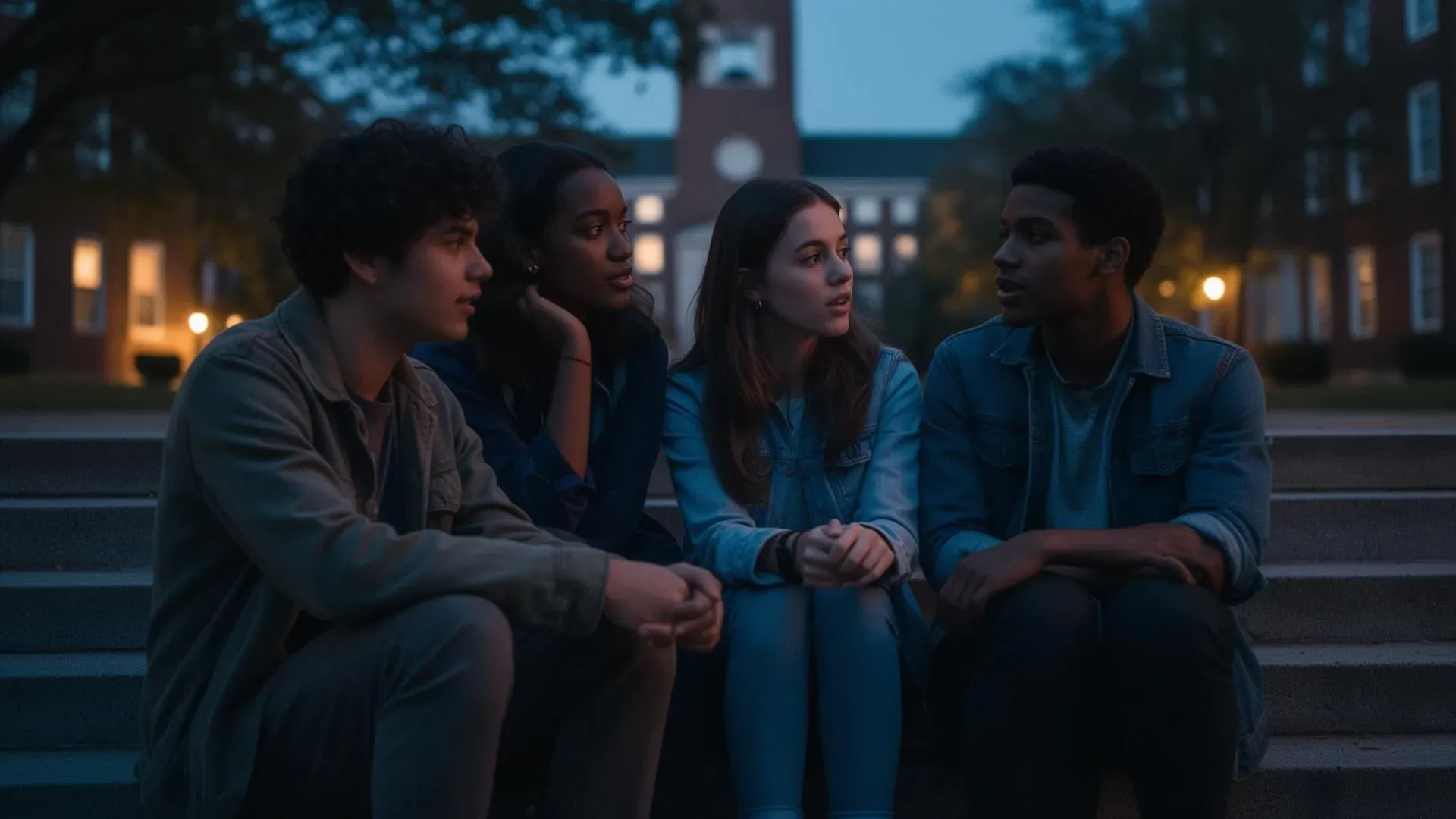 A small group of university students sharing a quiet moment together on campus at dusk